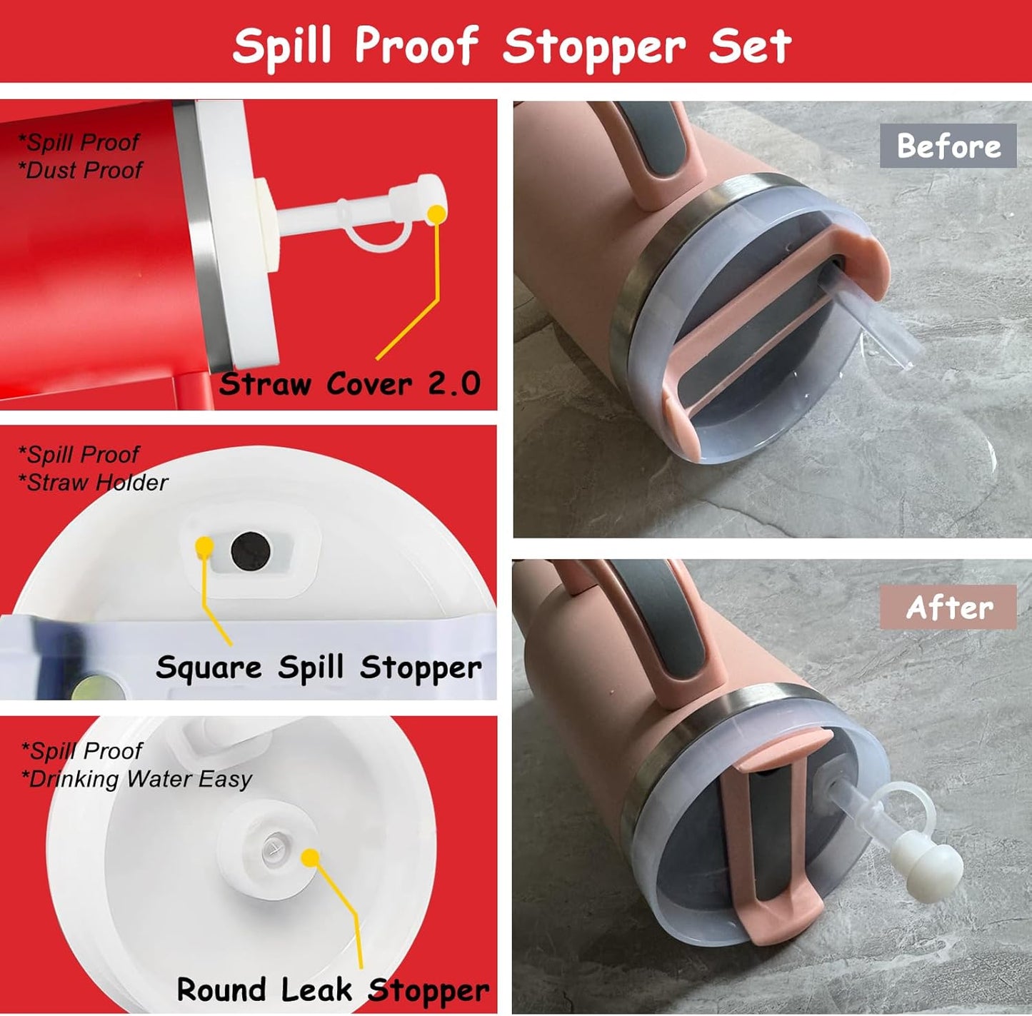 Stanley Cup Accessories Set,Including 2 Pcs 0.4in Straw Cover, 1 Silicone Spill-Proof Stopper Set of 3, 1 Cute Rose Handle Charm, 1 Silicone Boot Fits Stanley 40&30 Oz Tumbler (Chili)