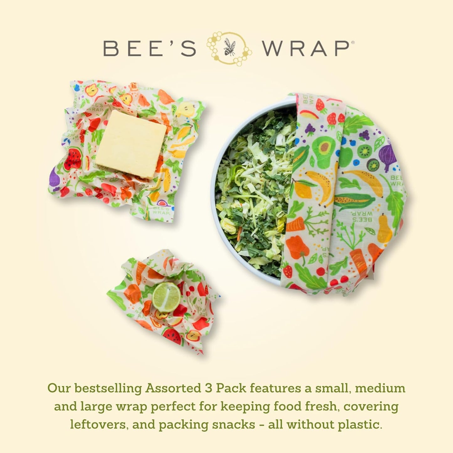 Bee's Wrap Beeswax Wraps for Food - Made in USA Reusable & Organic Food Wraps, Sandwich Wrap & Bowl Covers - Eco-Friendly Alternative to Aluminum Foil & Plastic Wrap, Garden Party 3 Pack (S, M, L)