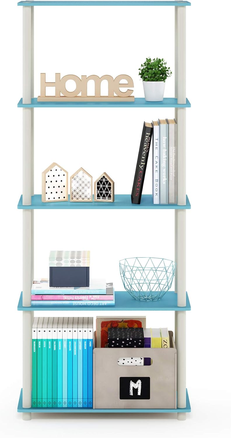 Furinno TURN-N-TUBE Storage Shelves, 5-Tier Book Shelf, Corner Shelf, Toolless Open Shelves, for Organization and Storage, Living Room, Garage, Home Office, Light Blue