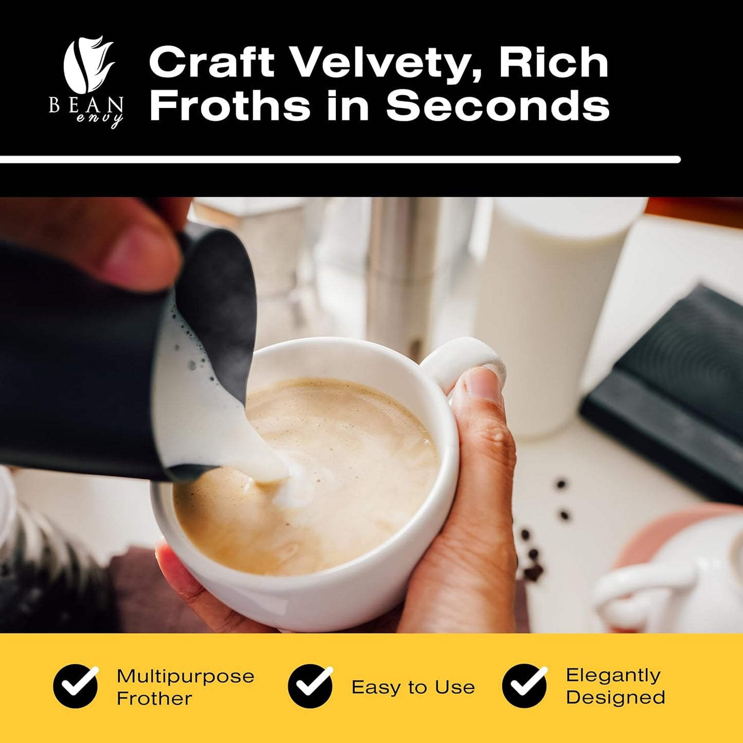 Bean Envy Milk Frother, Coffee Stirrers, Frother Wand, Milk Frother Handheld, Frother with stand, Hand Blender for Coffee, Lattes, Cappuccino, Matcha and Hot Chocolate – Kitchen Gifts - Light Blue