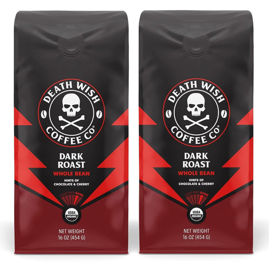 Death Wish Coffee, Whole Bean Dark Roast - USA Organic Coffee Beans Bundle/Bulk - Fair Trade Arabica & Robusta - 16 Ounce (Pack of 2)