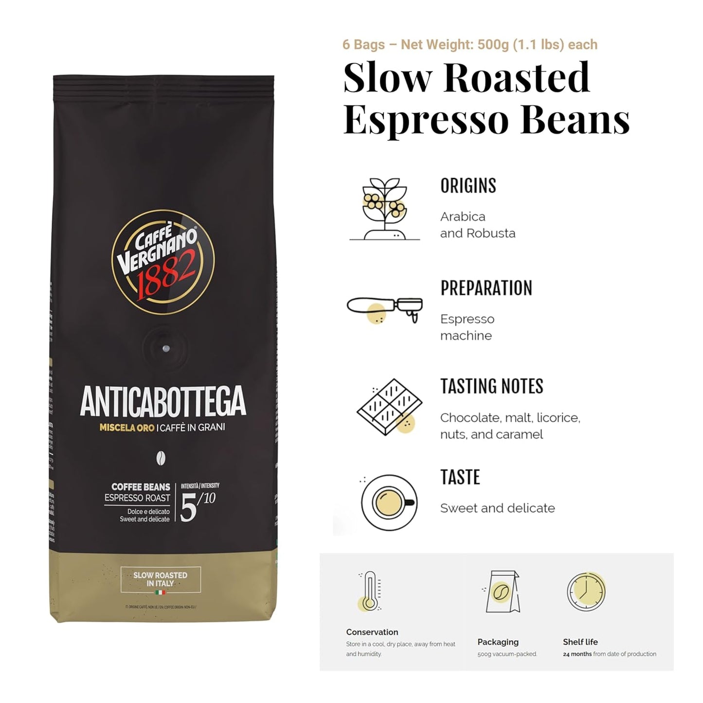 Caffe Vergnano 1882 Antica Bottega Whole Bean Arabica Medium Roast Espresso, 1.1 lbs Bag - Italian Coffee Beans with notes of Chocolate, Nuts & Caramel, Intensity 5/10-500g Bag (6 Pack)