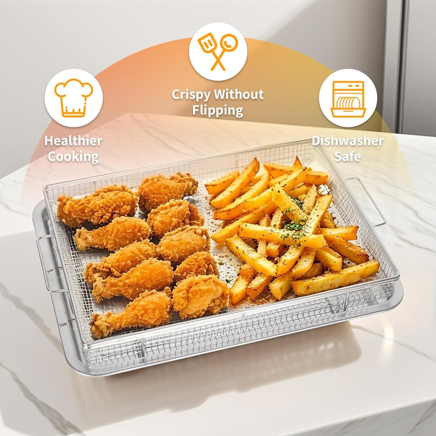 ShellKingdom Air Fryer Basket for Oven, Large 2PCS Oven Air Fryer Basket and Tray, Stainless Steel Air Fryer Pans and Crisper Tray, Air Fryer Accessories for Crispy Foods, 15.3 x 11 INCH