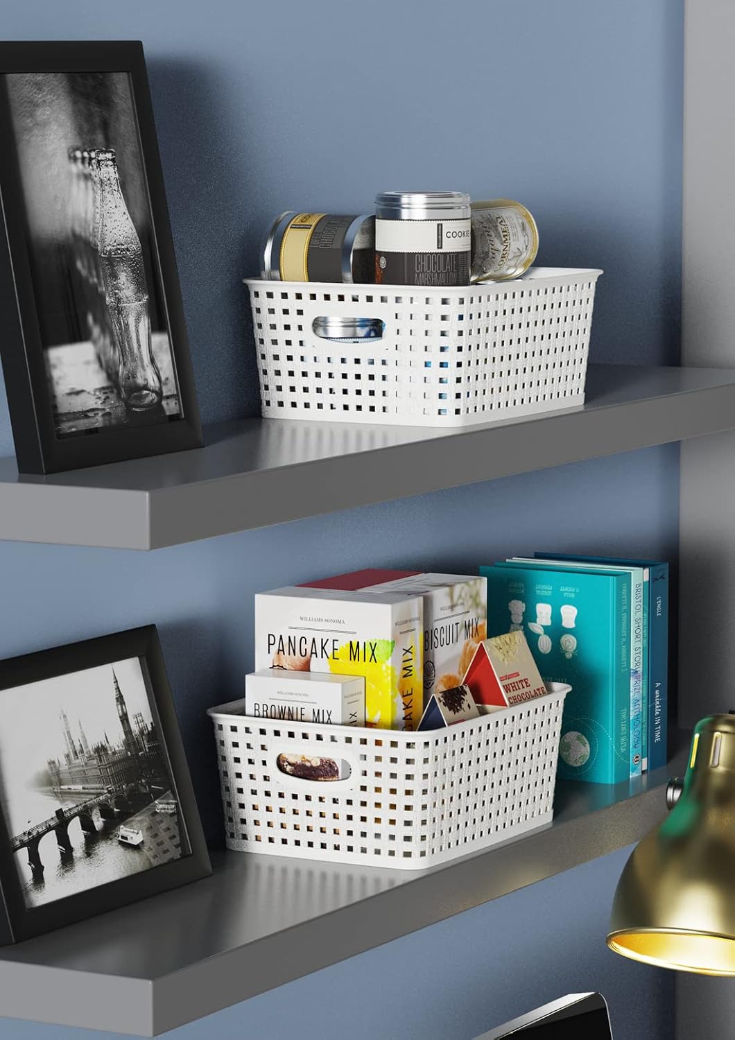 WYT 12-Pack Plastic Small Shelf Storage Weave Baskets for Organizing, White