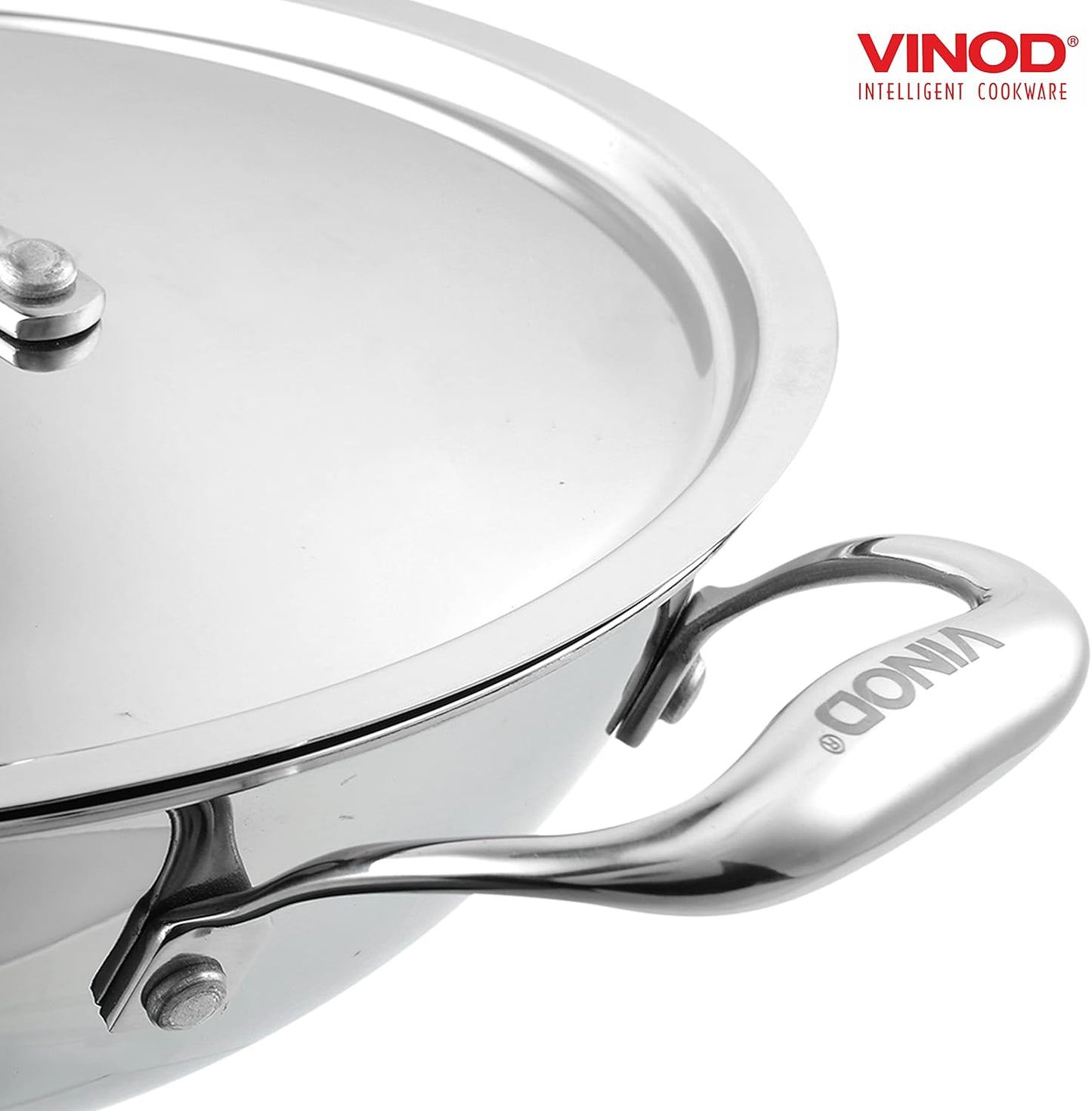 Vinod Platinum Triply Stainless Steel Kadai with Lid | Size: 28CM - 3.7L