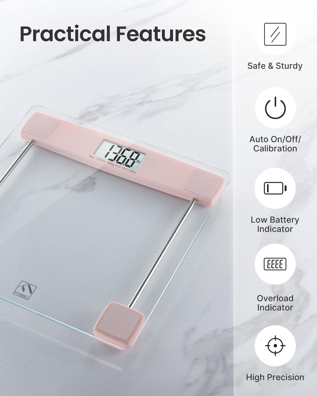 FITINDEX Bathroom Scale for Body Weight, Highly Accurate Digital Weighing Scale with Large LCD Display, Transparent and Slim Tempered Glass, 400 lbs, Pink