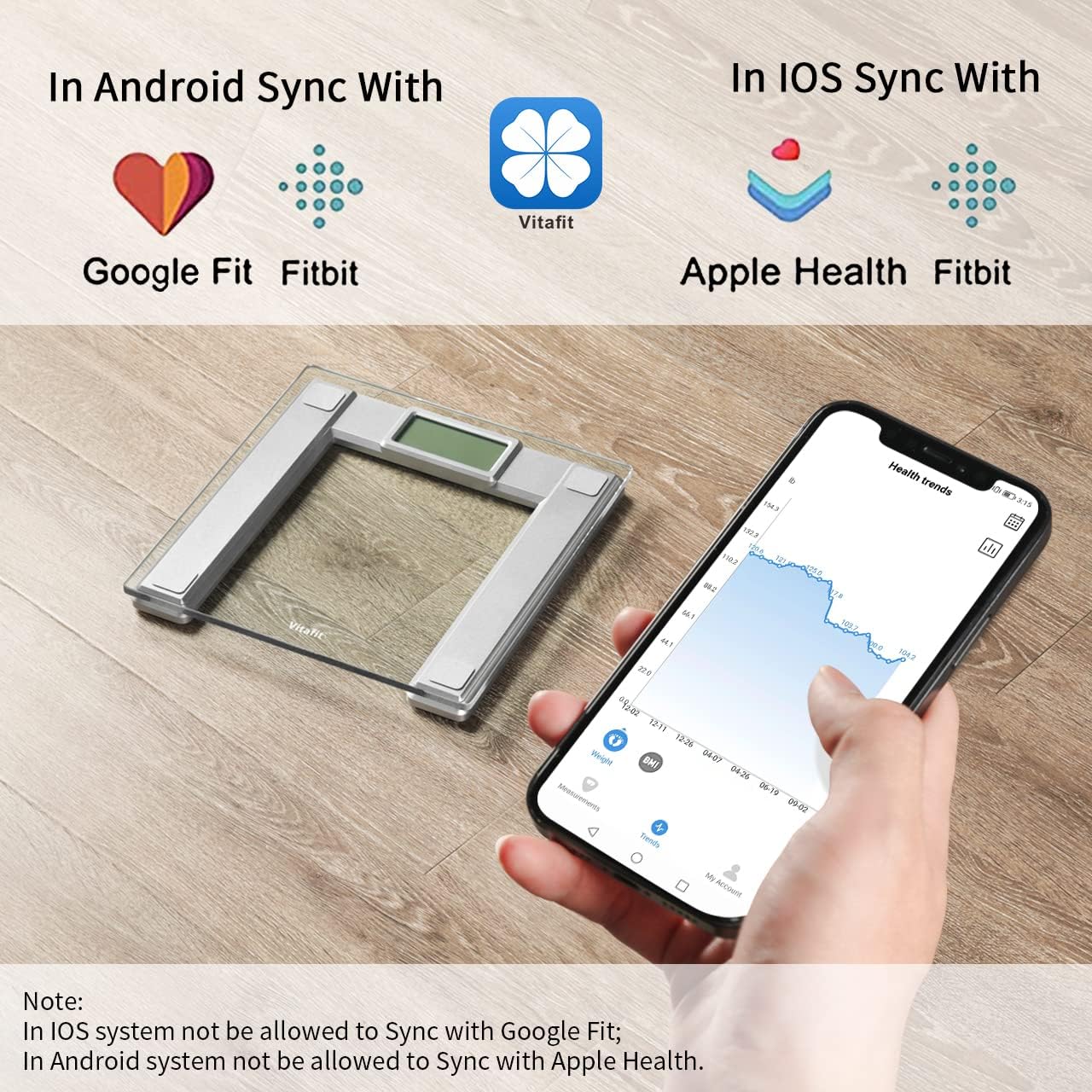 Vitafit 550lb Digital Bathroom Scale for Body Weight and BMI Via Smart APP, High Accuracy Assured by Weighing Professional Since 2001, 8mm Tempered Glass, Extra Large Blue Backlit LCD, Silver