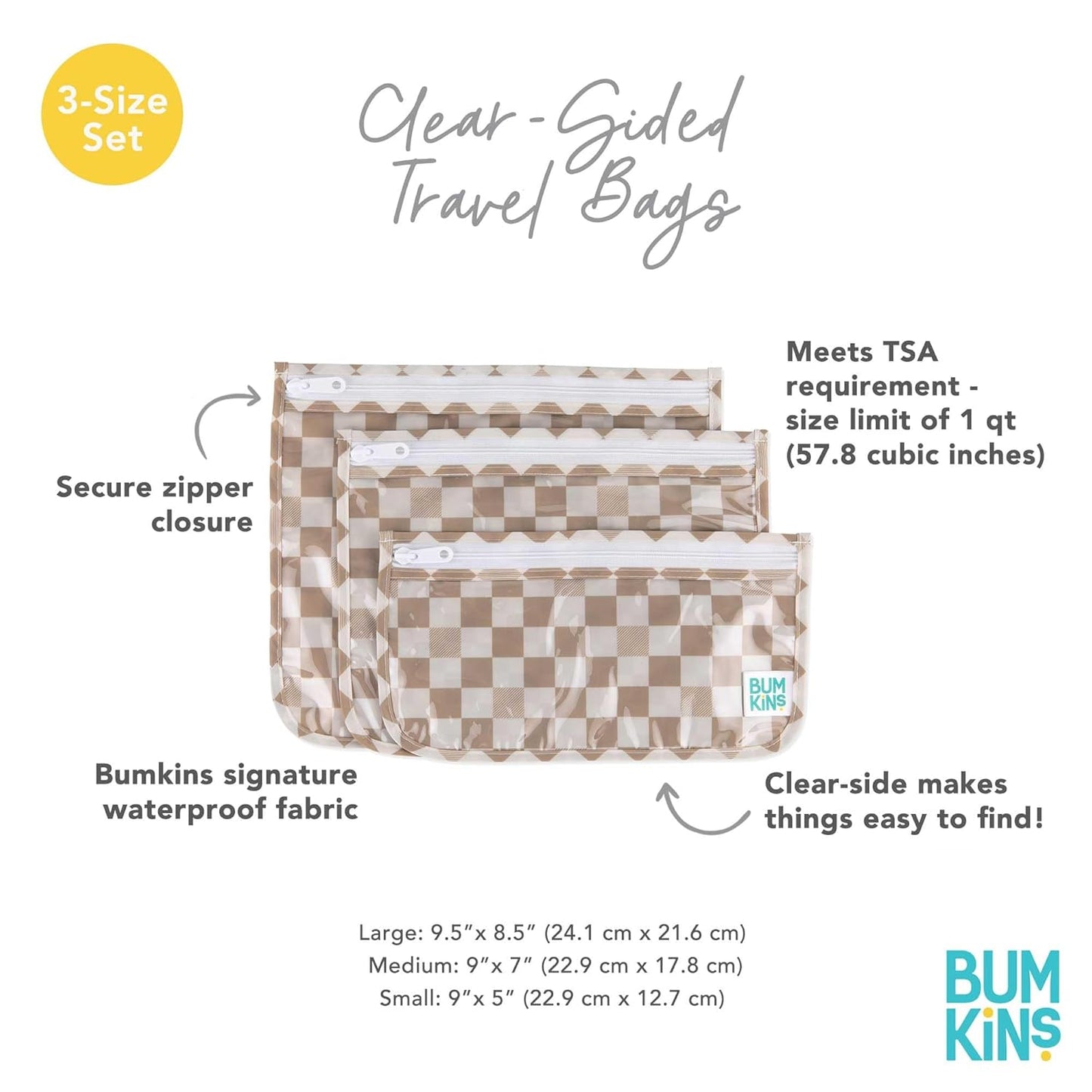 Bumkins Travel Bag, Toiletry, TSA Approved Pouch, Zip Bag, Quart Size Airline Compliant, Clear-Sided, Baby, Diaper Bag Organization, Makeup, Accessories, Packing, Set of 3 Sizes, Beige Check