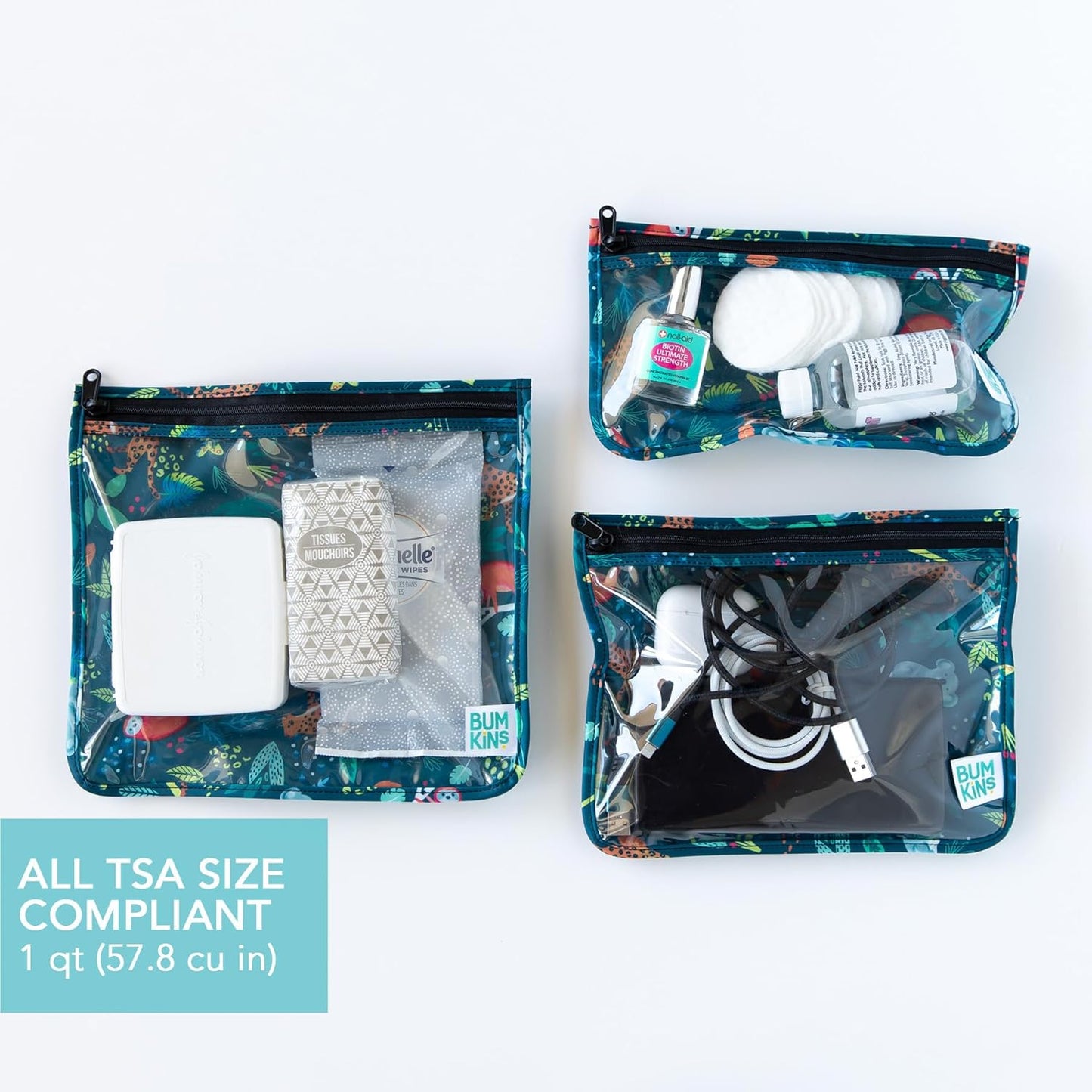 Bumkins Travel Bag, Toiletry, Baby, TSA Approved Pouch, Zip Bag, Quart Size Compliant, Clear-Sided, Diaper Bag Organization, Makeup, Accessories, Set of 3