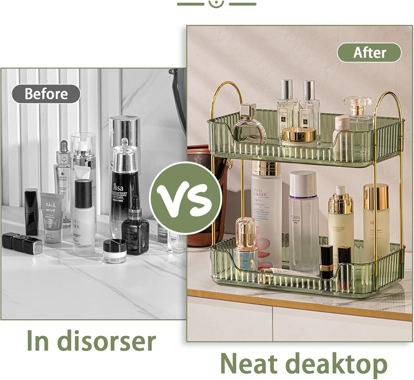 Bathroom Counter Organizer Countertop Storage, Cosmetics Skincare Shelf, Makeup Organizer Perfume for Dresser Vanity Tray, Spice Rack for Kitchen(2 Tier-Green)