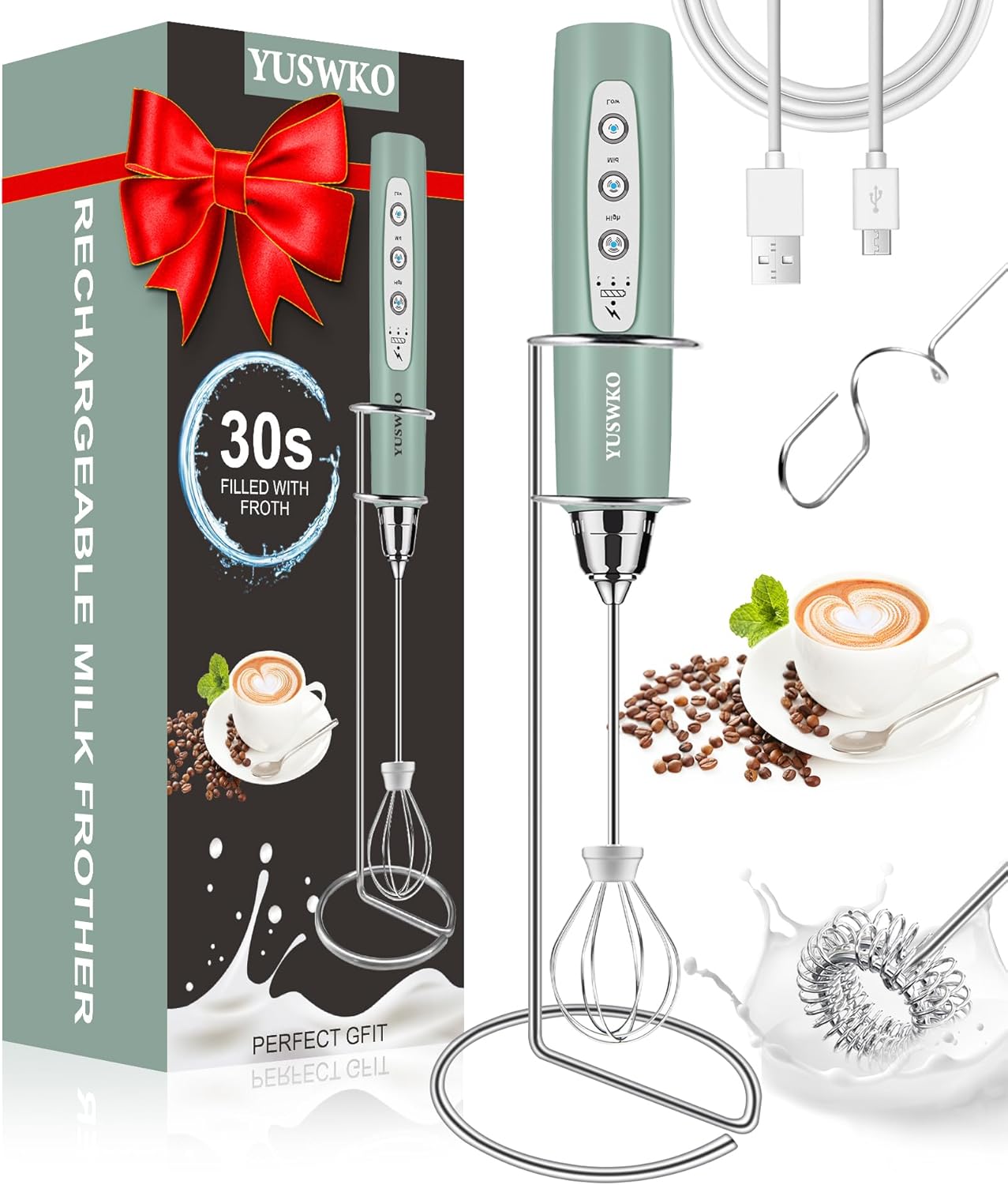 YUSWKO Milk Frother Handheld for Coffee with Stand, Rechargeable Drink Mixer with 3 Heads 3 Speeds Electric Coffee Frother Whisk, Gift for Many Occasions and Festival