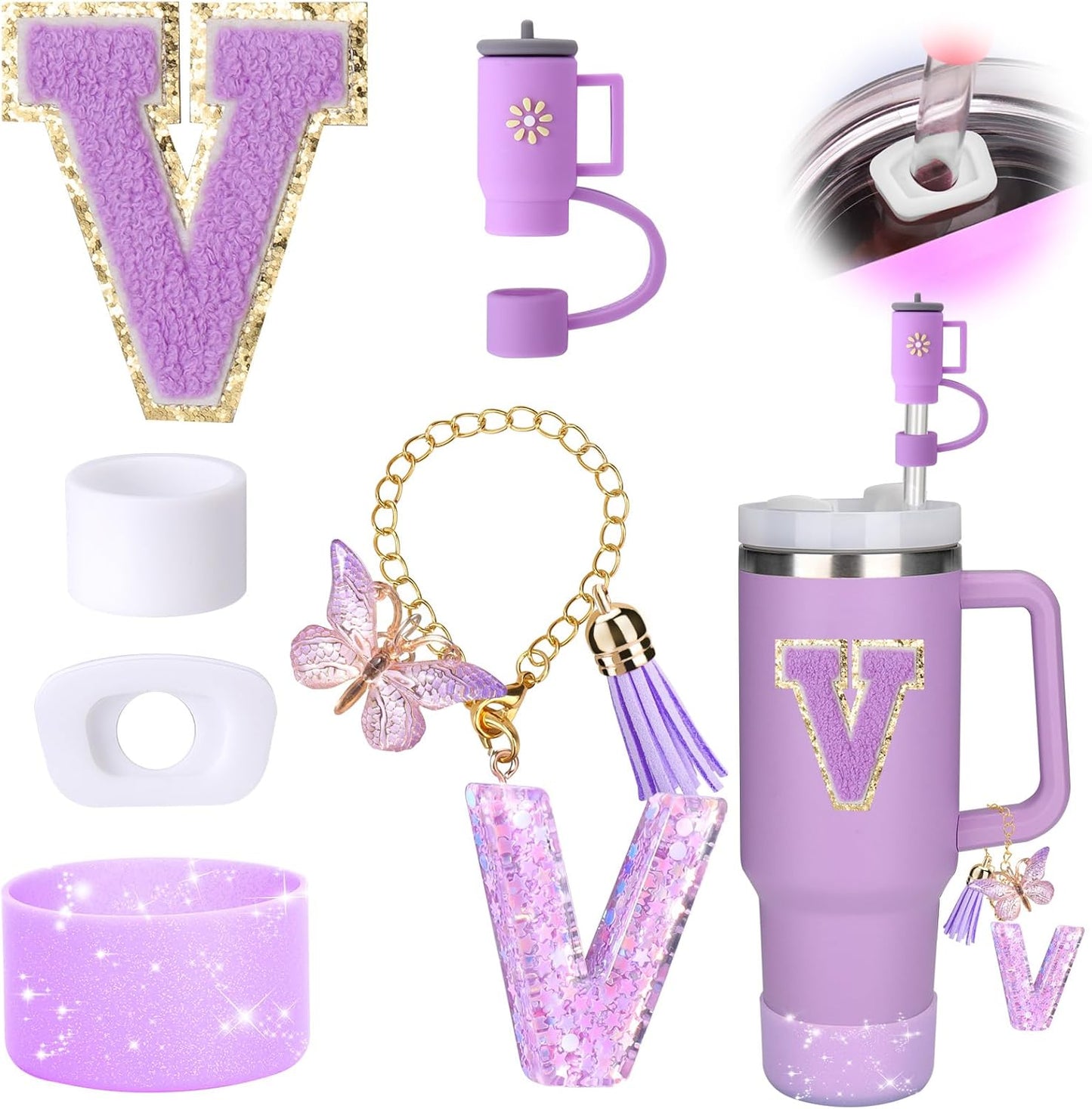 Mity rain 6PCS Cup Accessories Set for Stanley Cup 30oz 40oz tumbler with handle, Including Silicone Straw Topper Cover Cap and Boot, Spill Proof Stopper, Handle Charm, Initials Sticker (Letter V)