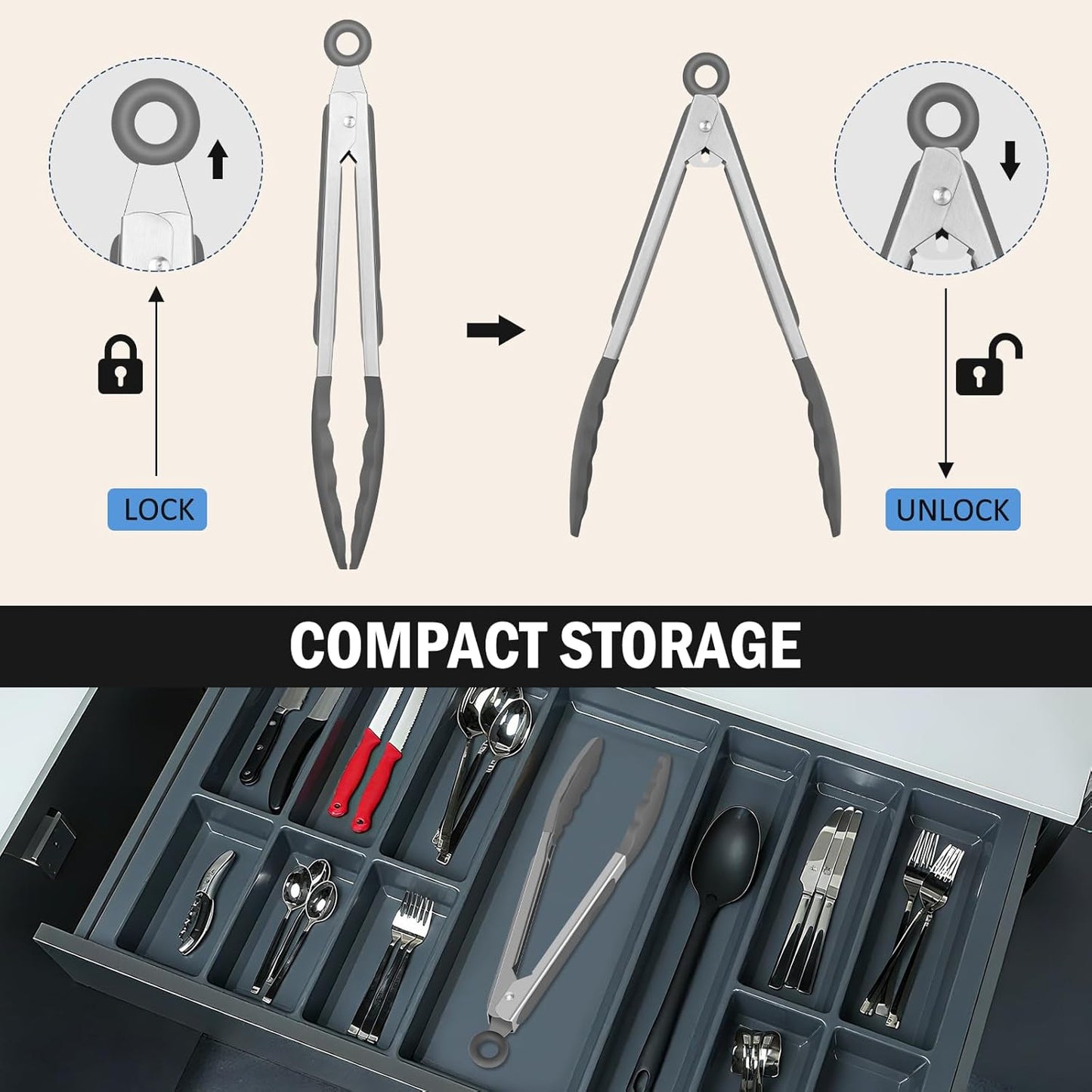 Kitchen Tongs, Stainless Steel Silicone Tongs for Cooking 600ºF High Heat-Resistant BBQ Grilling Locking Tongs, Set of 2-9" and 12" Light Grey