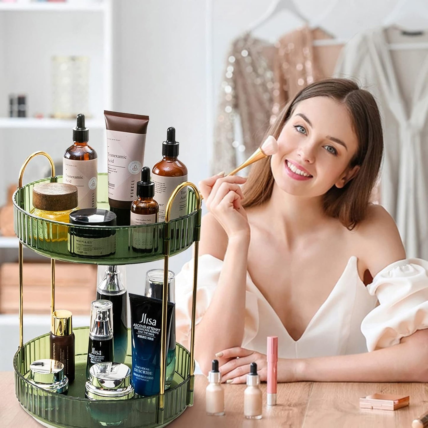 Rotating Makeup Organizer for Vanity, High-Capacity Skincare Make Up Storage Perfume Organizers Cosmetic Dresser Organizer Countertop 360 Spinning (Green, 3 Tier)