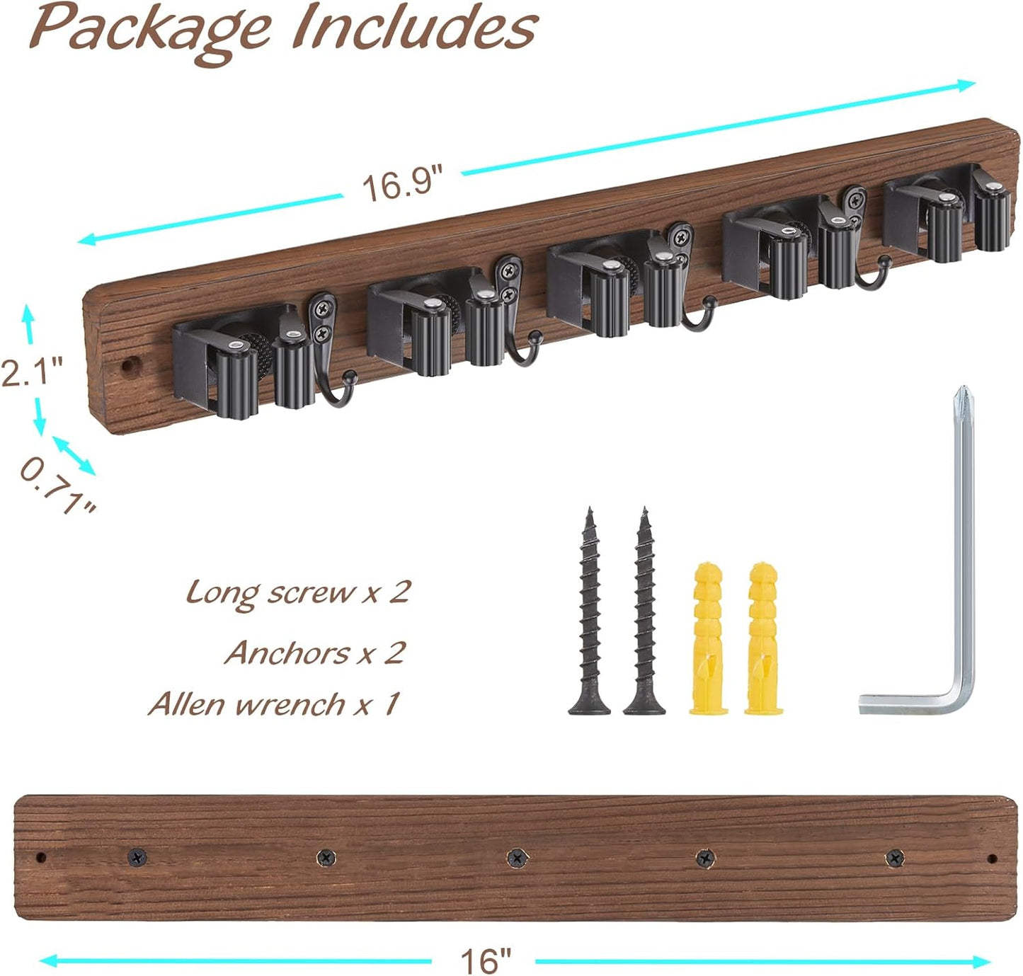 Mop and Broom Holder Wall Mount - Wood Broom Mop Hanger - Wall Mounted Garden Tool Rack Organizer for Closet Garage Laundry Room for Rustic Kitchen Decor With 5 Slots & 4 Hooks