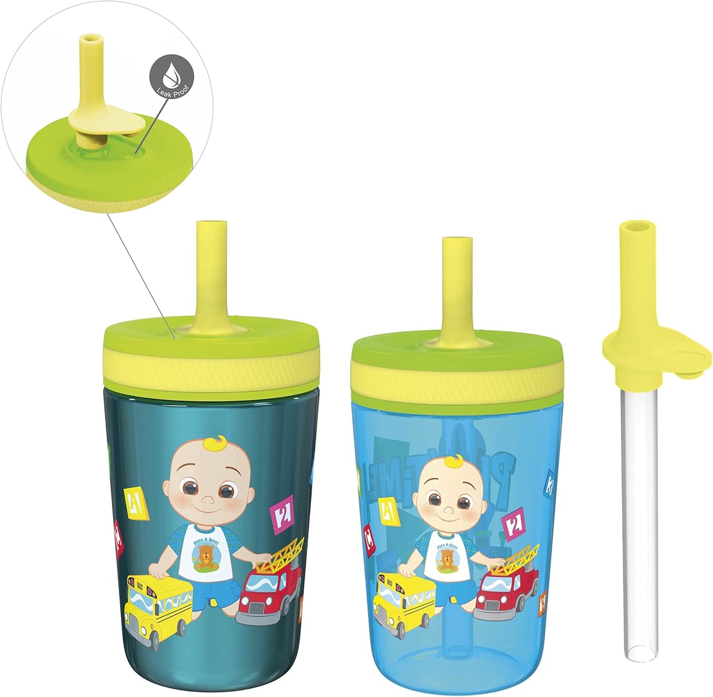 Zak Designs CoComelon Kelso Tumbler Set, Leak-Proof Screw-On Lid with Straw, Bundle for Kids Includes Plastic and Stainless Steel Cups with Bonus Sipper (3pc Set, Non-BPA)