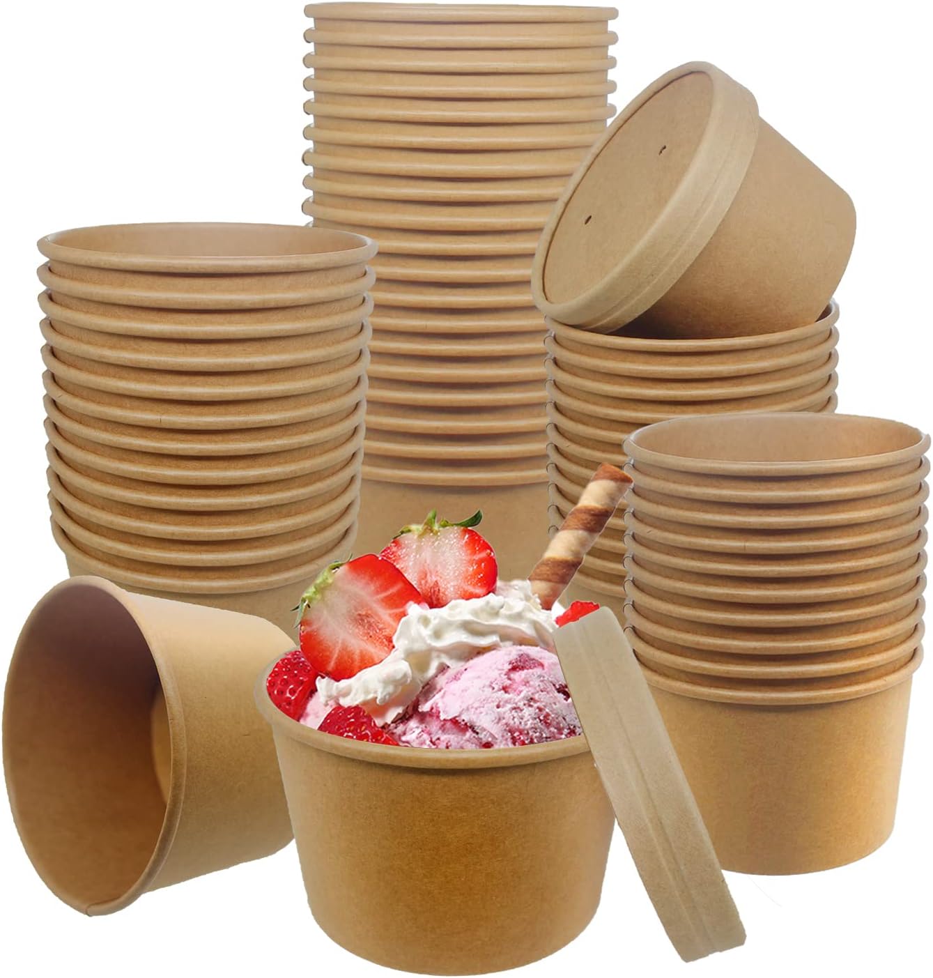50 SET 8OZ Kraft Paper Soup Cups with Lids Compostable Paper Food Cup with Vented Lid, Disposable Ice Cream Cup, Great For Restaurants, Take Outs, or To-Go Lunch