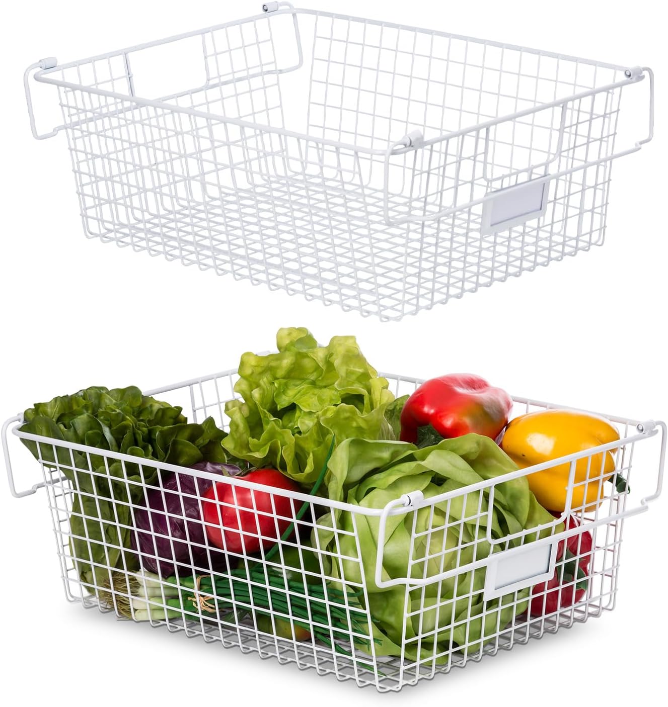 Granrosi Extra Large Stackable Wire Baskets for Organizing — Set of 2 White Wire Storage Baskets with Handles; Snacks & Chips Organizer for Pantry; XL Metal Storage Bins for Pantry
