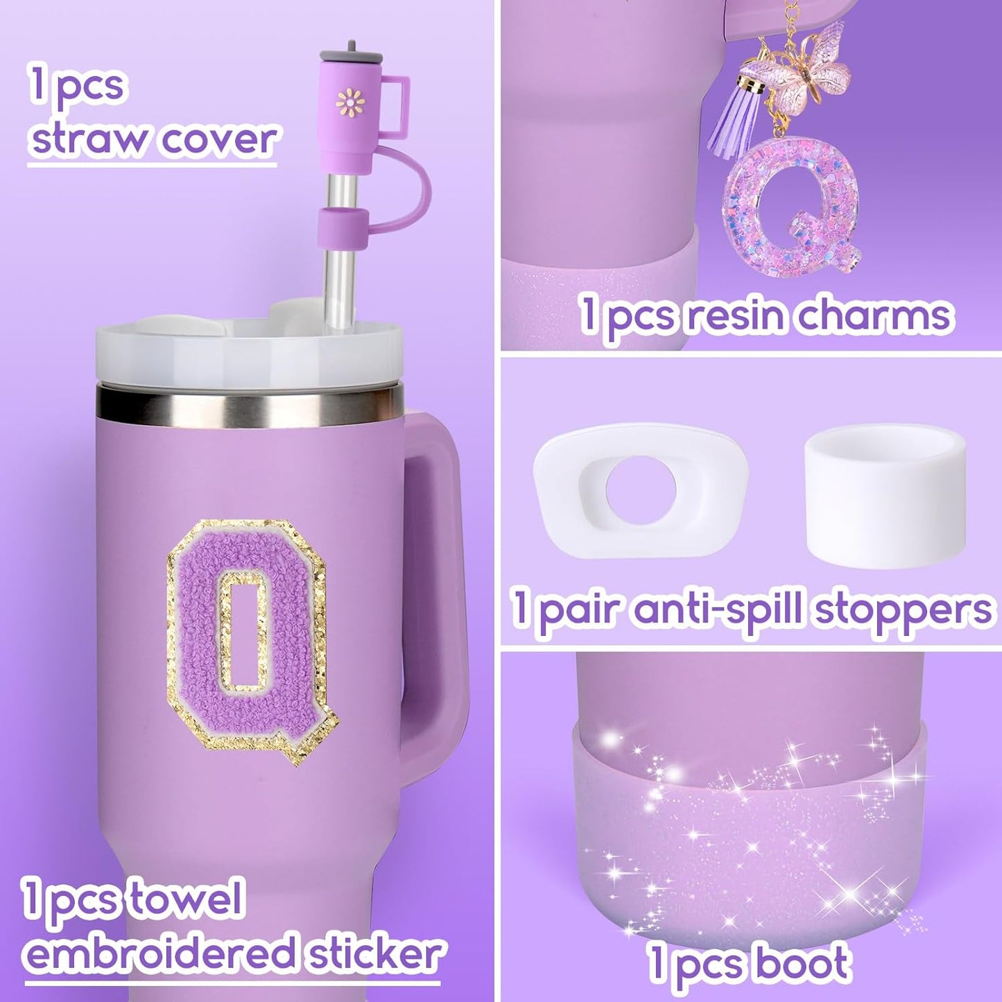Mity rain 6PCS Cup Accessories Set for Stanley Cup 30oz 40oz tumbler with handle, Including Silicone Straw Topper Cover Cap and Boot, Spill Proof Stopper, Handle Charm, Initials Sticker (Letter Q)