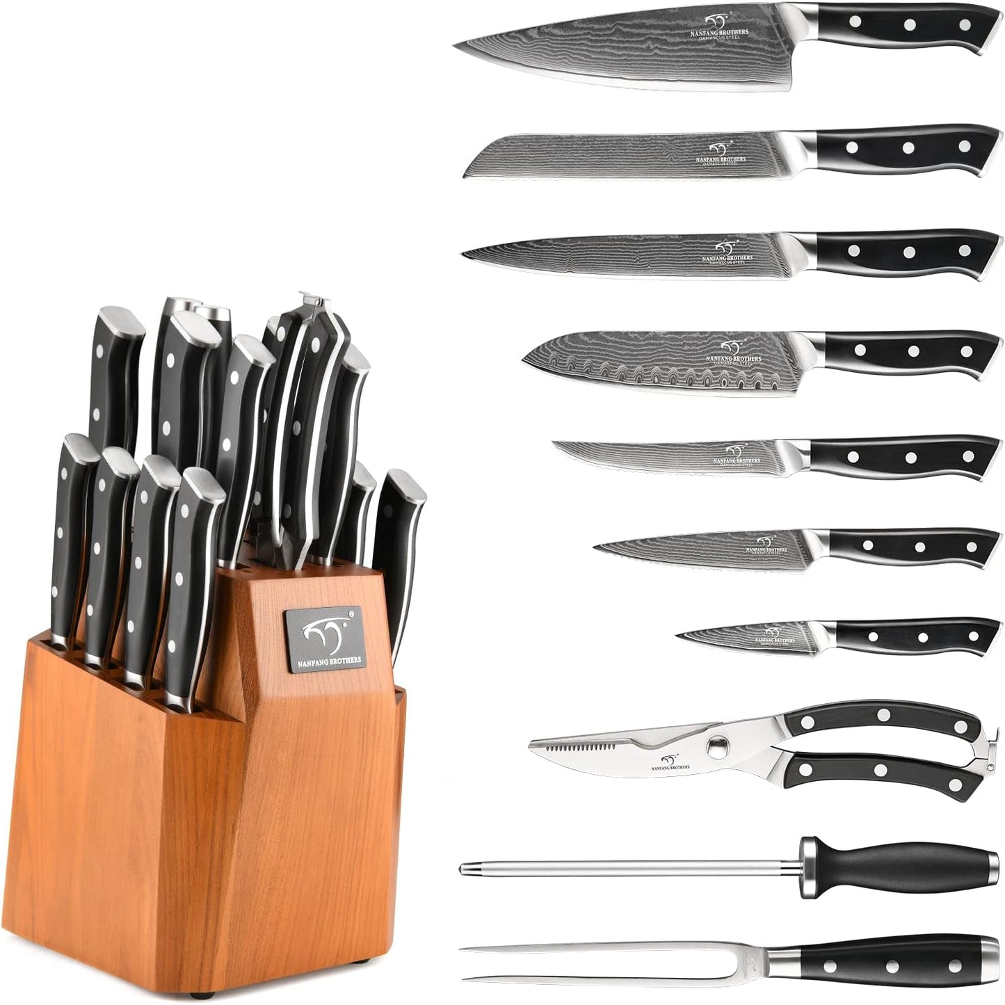 Kitchen Knife Set, 18-Piece Damascus Kitchen Knife Set with Block, ABS Ergonomic Handle for Chef Knife Set, Knife Sharpener and Kitchen Shears, Knife Block Set
