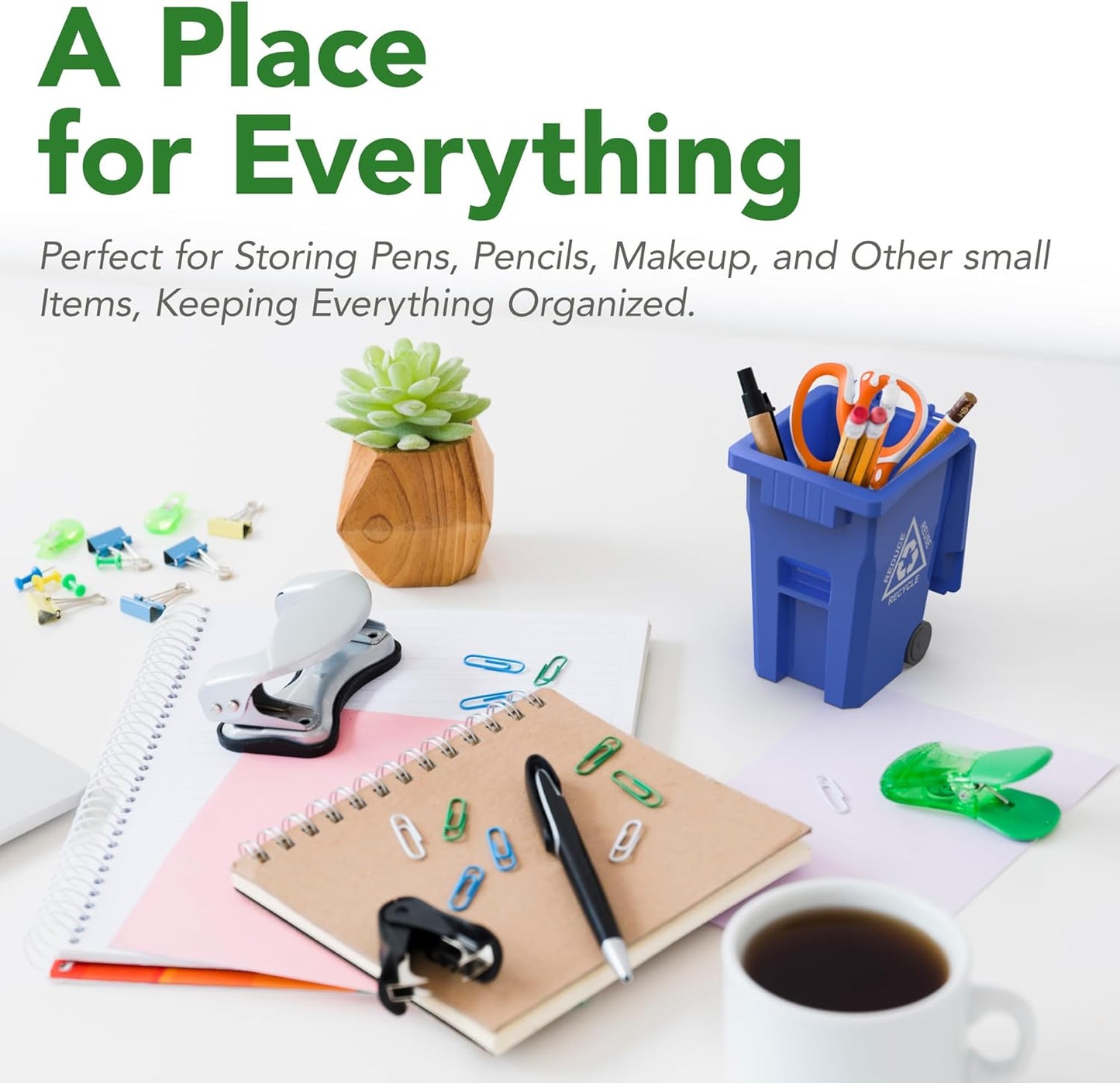 Wiosi Mini Garbage Trash Pen Holder for Desk, Pack of 2, Blue & Green, Tiny Recycle Bin Pencil Holder | Storage for Pencils & Pens | Office Stationery to Organize The Desk | Ideal for Student Work