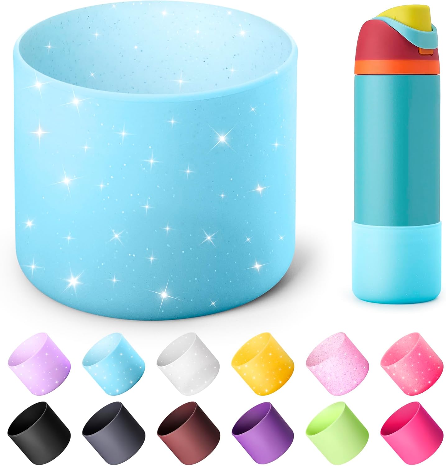 Silicone Water Bottle Boot for Owala 24 oz, Anti-Slip Protective Sleeve for Owala Twist & FreeSip & Flip Stainless Steel Water Bottle, Boot Bottom Base for Owala (Glitter Blue)