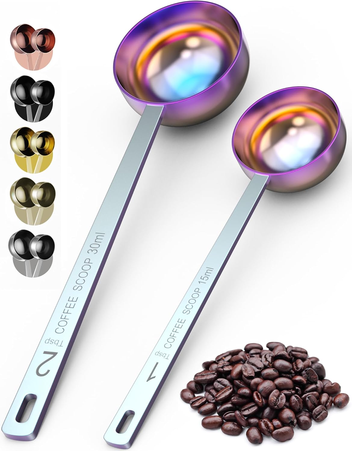 Orblue Premium Coffee Scoop Set - 1 Tbsp (15ml) & 2 Tbsp (30ml) Measuring Tablespoon - Stainless Steel Coffee Measuring Spoon and Scooper with Long Handles - Pack of 2, Multicolored