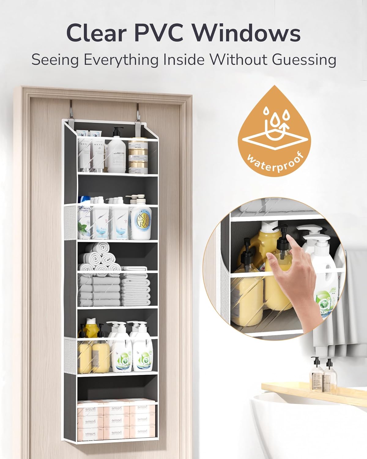 ULG Clear Over The Door PVC Organizer with 4 Pockets Hanging Storage for Bathroom, Closet, or Bedroom，Dark Gray