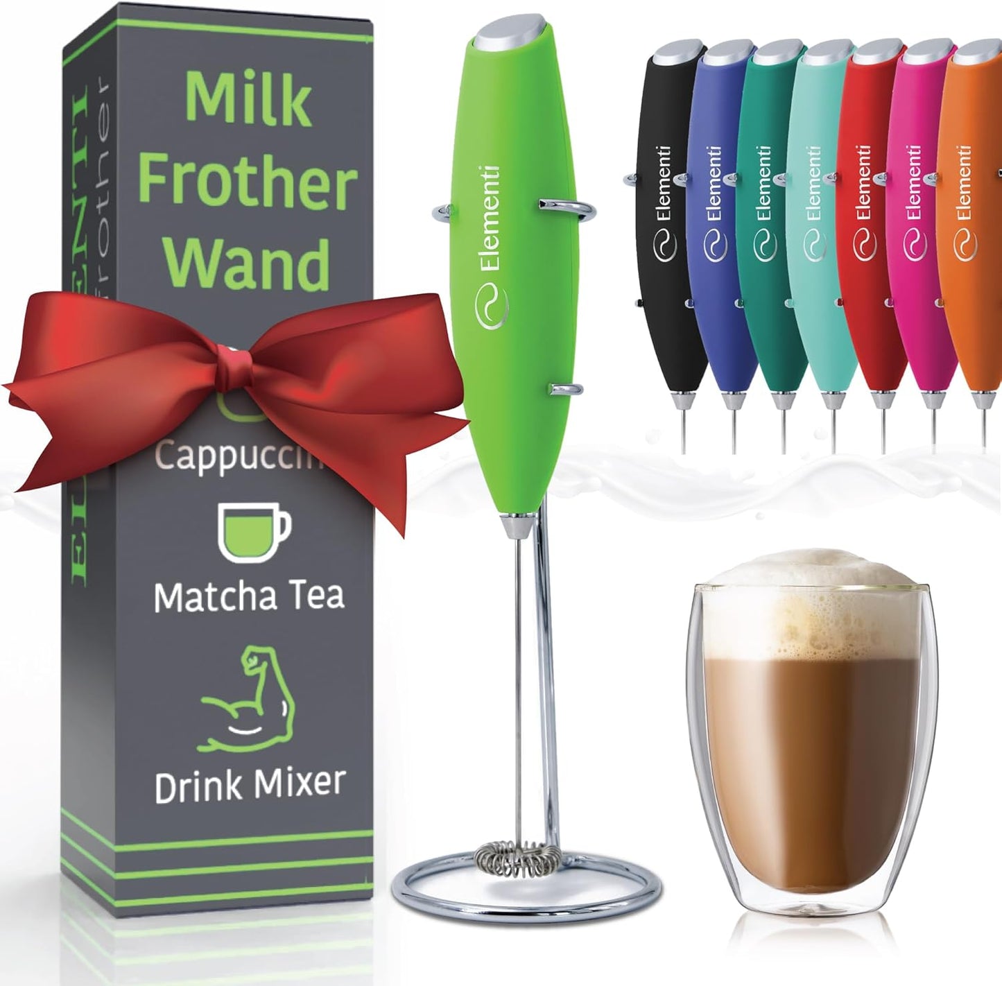 Elementi Milk Frother Wand & Matcha Whisk Set - Powerful Electric Matcha Mixer, Easy to Use Macha Wisk Kit - Craft Effortless Lattes with the Elementi Milk Frother Wand (Lime Green)