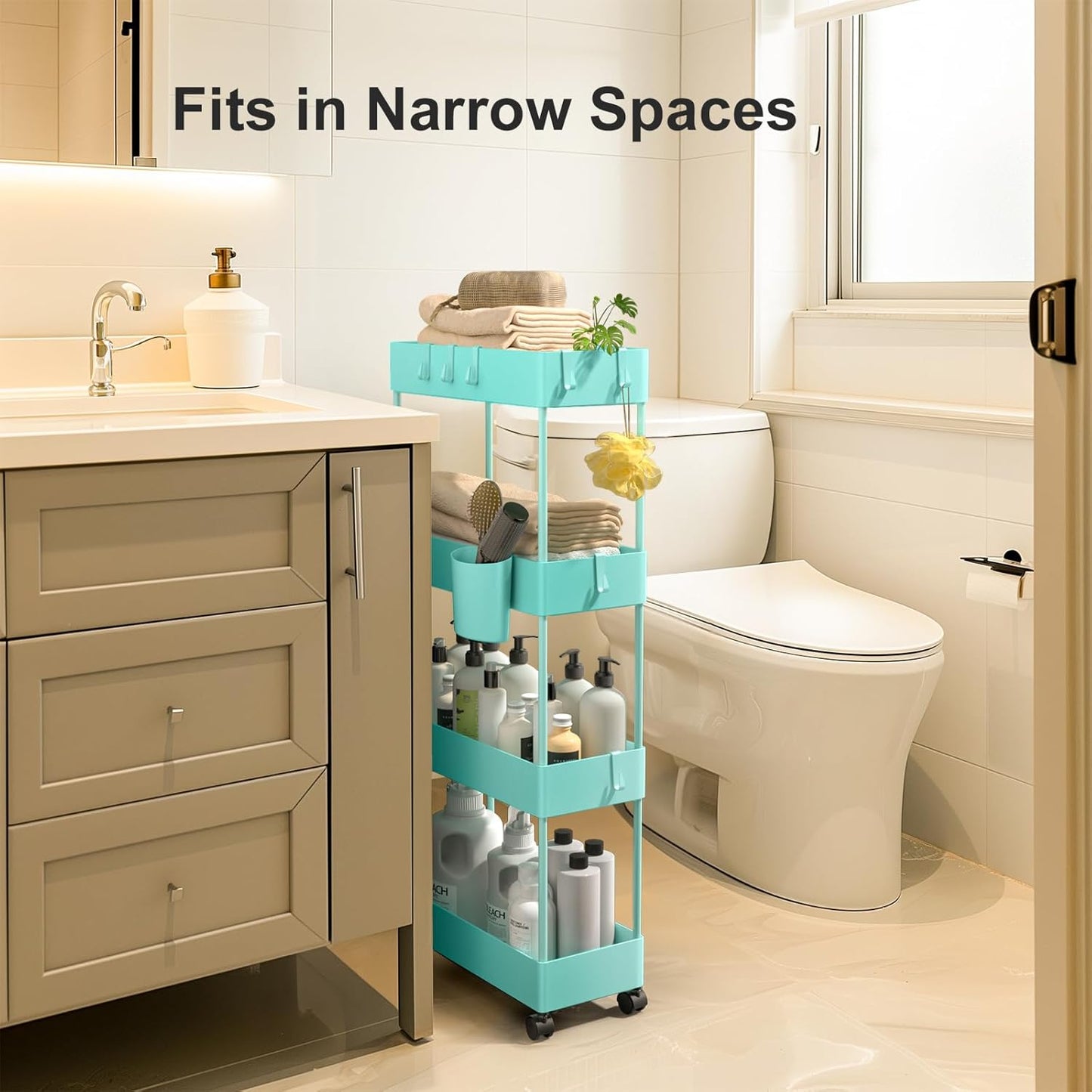 Pipishell Slim Storage Cart with Wheels, 4 Tier Bathroom Storage Organizer Rolling Utility Cart for Bathroom Kitchen Laundry Room Office Narrow Place (Turquoise)