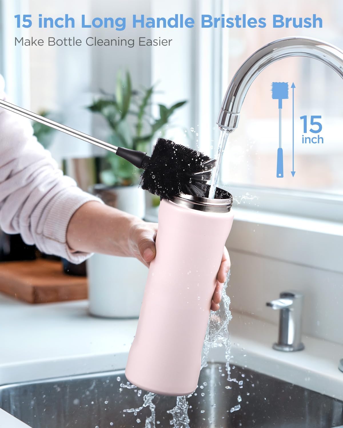 EasyAcc Water Bottle Cleaner Brush, 3 Pack 15 Inches Straw Brush Cleaner for Owala Stanley Hydroflask, Long Handle, with Straw Cleaner & Nipple Brush, for Coffee Mugs, Ice Tea Jars