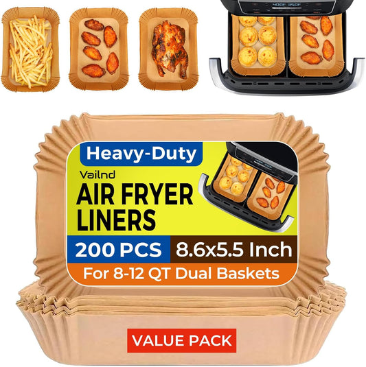 Air Fryer Liners Disposable for Dual Basket, 200Pcs Rectangle Parchment Paper Liner for Ninja DZ201 DZ401, Chefman/COSORI 2-Basket Air Fryer, Oil Proof Baking Paper by Vailnd(8.6x5.5 Inch)