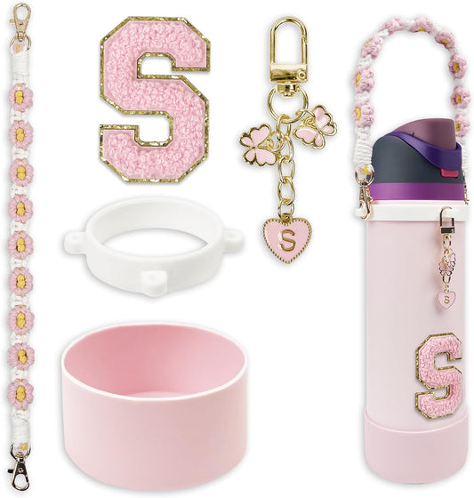 SITKOL Silicone Boot Cute Monogram Set Compatible with Owala Water Bottle 24 oz, 32 oz, 40 oz - Perfect Letter Owala Accessories for Owala Tumbler, Owala Free Sip, Pink Owala, Black Owala