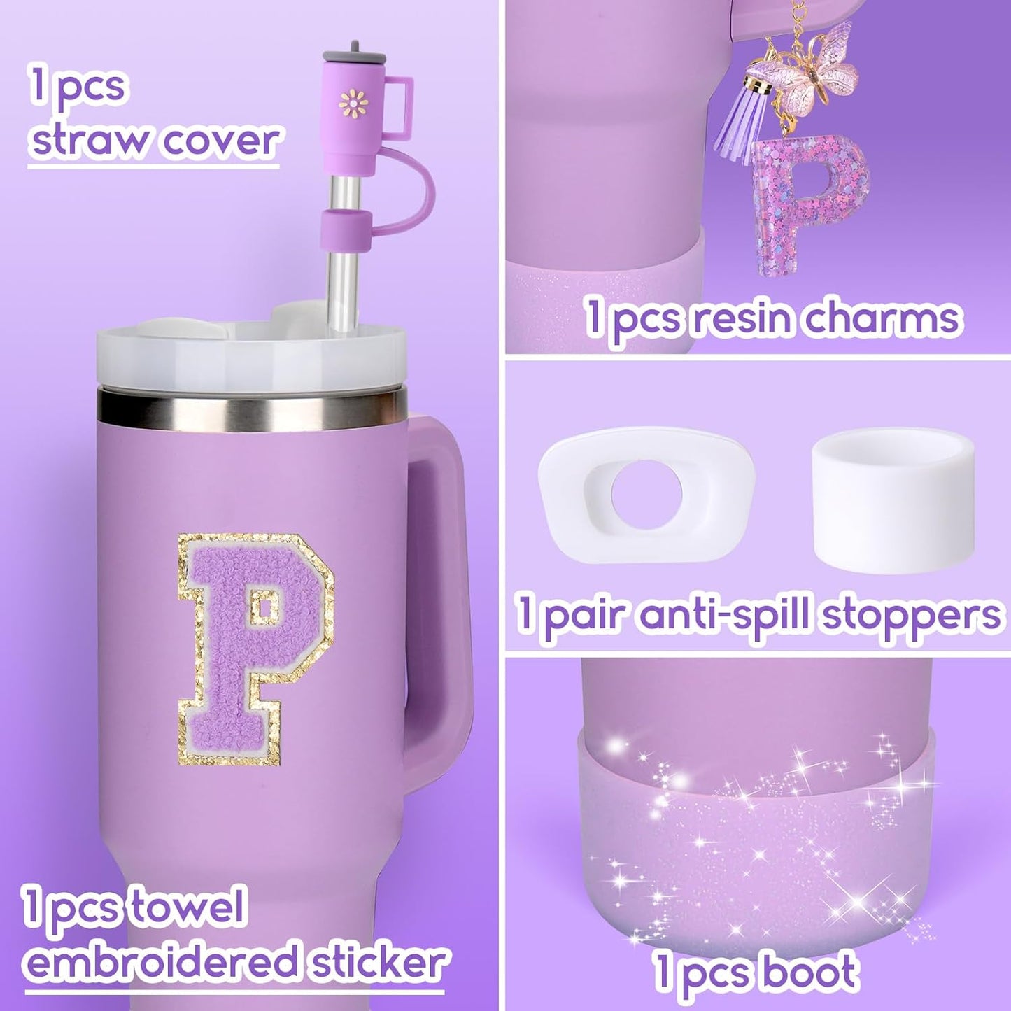 Mity rain 6PCS Cup Accessories Set for Stanley Cup 30oz 40oz tumbler with handle, Including Silicone Straw Topper Cover Cap and Boot, Spill Proof Stopper, Handle Charm, Initials Sticker (Letter P)