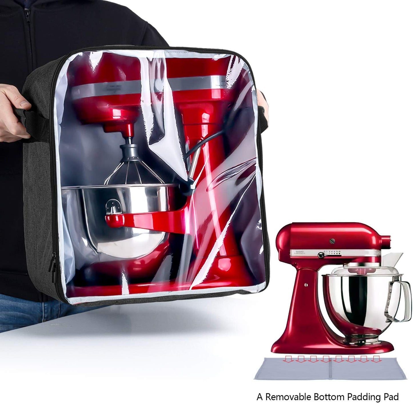 Luxja Dust Cover Compatible with 4.5-Quart and 5-Quart KitchenAid Mixers (with a Bottom Padding Pad), Dust Cover (Clear Front Panel) for Stand Mixers and Extra Accessories, Black (Patented Design)