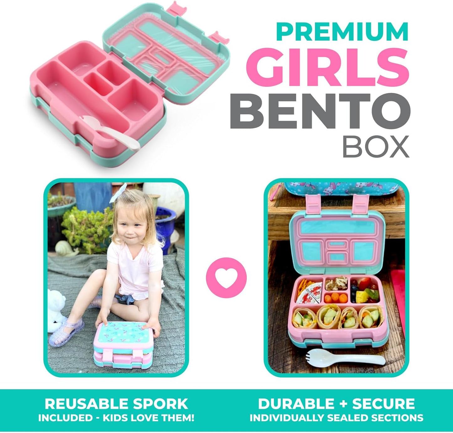 Kinsho Bento Lunch Box for Kids Toddlers, 5 Portion Control Sections, BPA Free Removable Plastic Tray, Pre-School Kid Toddler Daycare Lunches, Snack Container Ages 3 to 7 (Aqua Cat Mermaid)