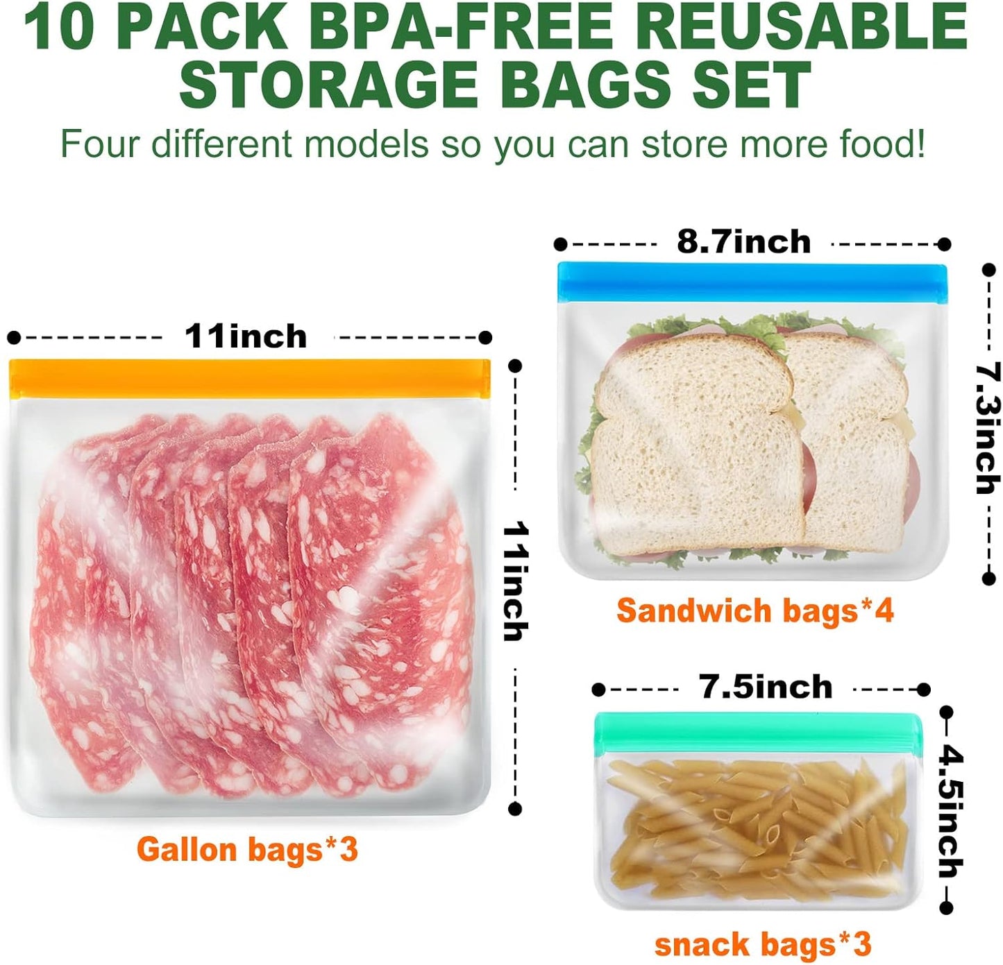 10 Pack Reusable Food Storage Silicone Bags, 3 Large Food Storage Bags Gallon Freezer Bags 4 Reusable Sandwich Bags 3 Snack Bags, Lunch Home Kitchen Fridge Organization Meal Prep Containers