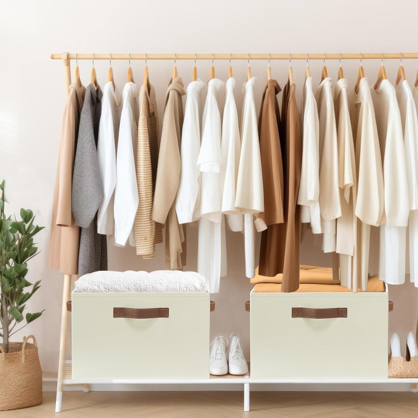 GhvyenntteS Large Storage Baskets for Shelves 6 Pack, Collapsible Fabric Storage Bins with 3 Handles, Decorative Closet Organizers and Storage bins for Clothes Blanket Beddings (Beige, 15"x11"x9.6")