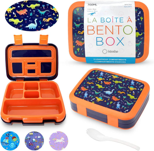 Dinosaur Bento Lunch Box for Boys Toddlers, 5 Portion Sections Secure Lid, Microwave Safe BPA Free Removable Plastic Tray, Pre-School Kid Daycare Lunches Snack Container Ages 3 to 7 Blue Orange