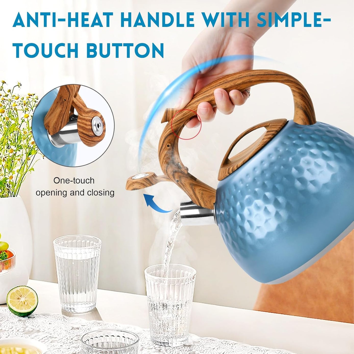 GGC Tea Kettle for Stove Top, Loud Whistling Kettle for Boiling Water Coffee or Milk, 3.1 Quart 3L Heavy Stainless Steel Blue Kettle with Wood Pattern Handle, Unique Button Control Kettle Outlet