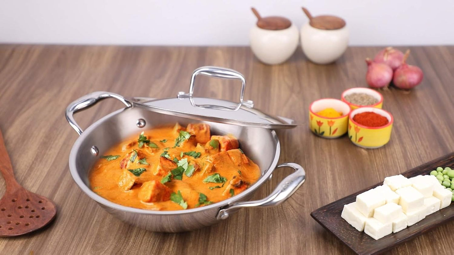 Vinod Platinum Triply Stainless Steel Kadai | Suitable For Indian Cooking, Sauces, Stews, Soups | Extra Deep Kadai With Lid | Induction, Electric Friendly (26cm)
