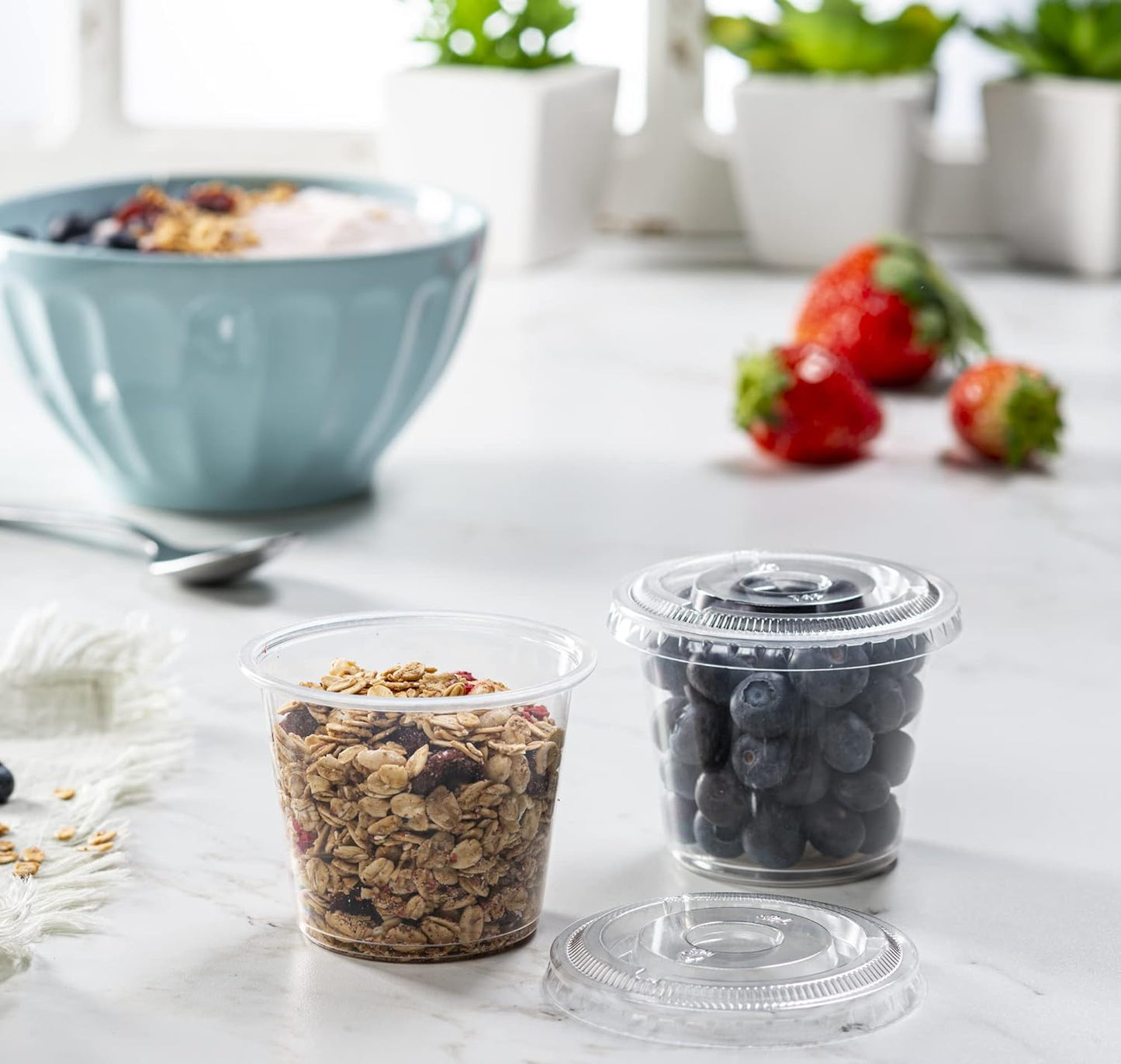 5 oz - 100 Sets Clear Diposable Plastic Portion Cups With Lids, Small Mini Containers For Portion Controll, Meal Prep, Sauce Cups, Slime, Medicine, Dressings, Crafts, Disposable Souffle Cups