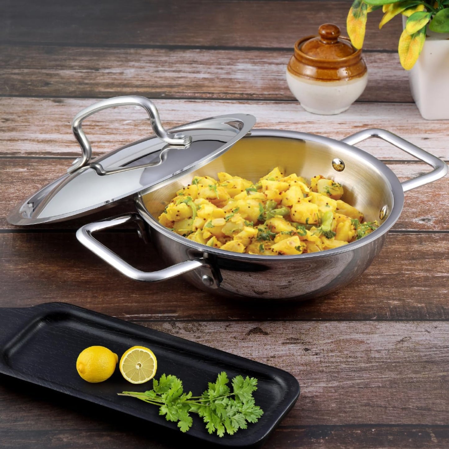 Vinod Platinum Triply Stainless Steel Kadai | Suitable For Indian Cooking, Sauces, Stews, Soups | Induction, Electric Friendly (18cm Extra Deep)
