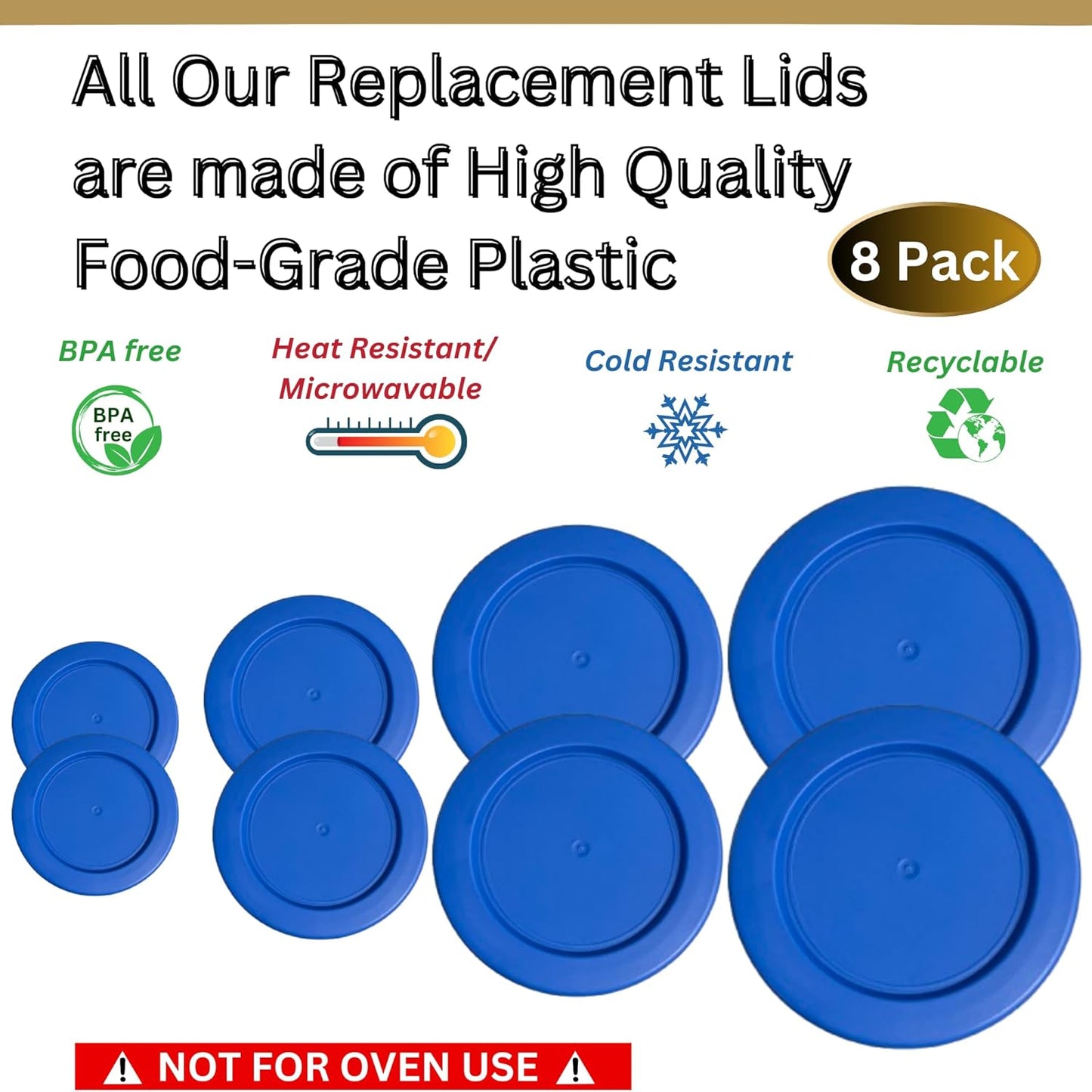 1, 2, 4 & 7 Cup Blue Replacement Lids/Covers for Pyrex, Anchor Hocking & KlareWare Storage Bowls *Lids Only Glass Container Not Included* (8 Pack *Two of Each Size*)