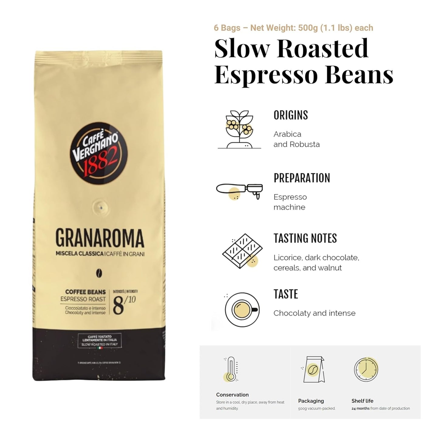 Caffe Vergnano 1882 Gran Aroma Whole Bean Arabica Medium Espresso Roast Coffee, 1.1lbs Bag - Italian Coffee Beans with Rich notes of Cocoa, Spices & Dried Fruit, Intensity 8/10-500g Bag (6 Pack)