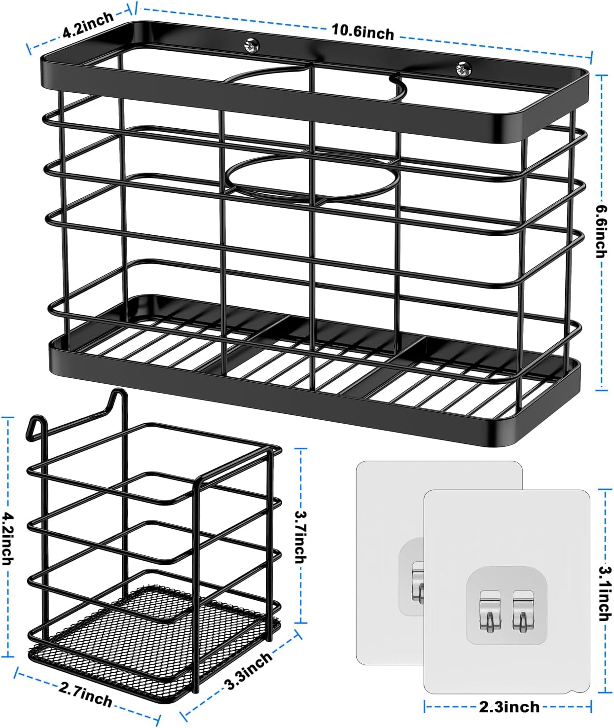 Hair Tool Organizer - Black Steel Wall Mounted Hair Dryer Holder with Removable Basket, 10.62"L x 4.33"W x 6.69"H, Ideal for Small Bathrooms