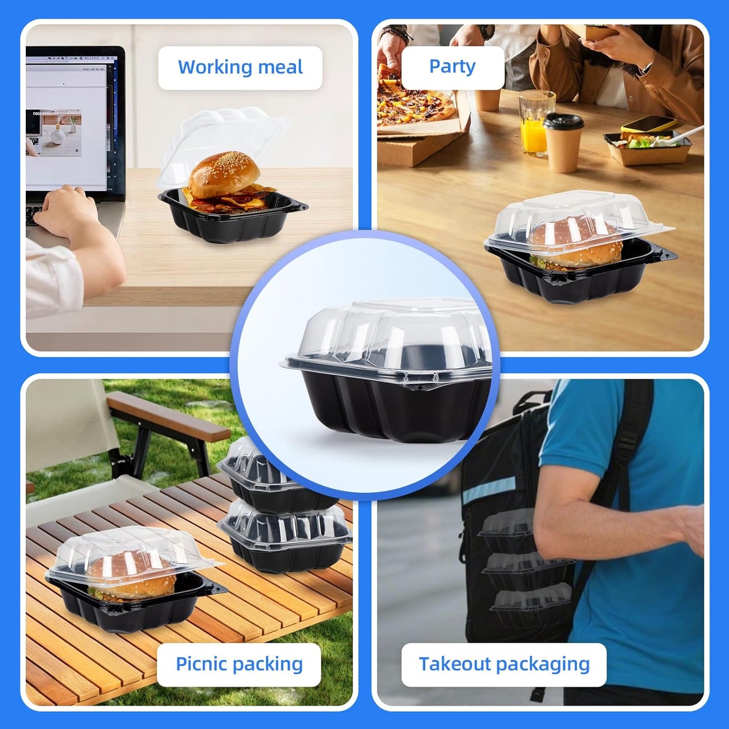 YANGRUI Plastic Containers 6" 17 oz 55 Pack - Reusable Crystal View Anti Fog Lid BPA Free PP Clamshell Food Container | Shrink Wrap Freezer & Microwave Safe | Catering Hotel Grade Black Burger Box