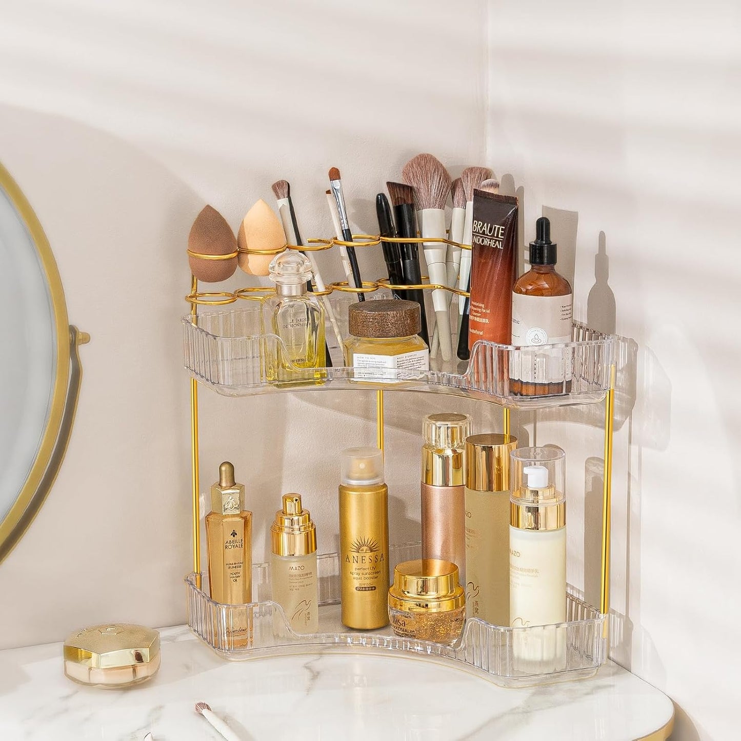 Upgraded 2-Tier Corner Bathroom Countertop Organizer – Spacious Storage for Makeup, Skincare & Perfumes, Built-in Brush Holder Fits Vanity/Dresser/Bsthtub (Classic White)