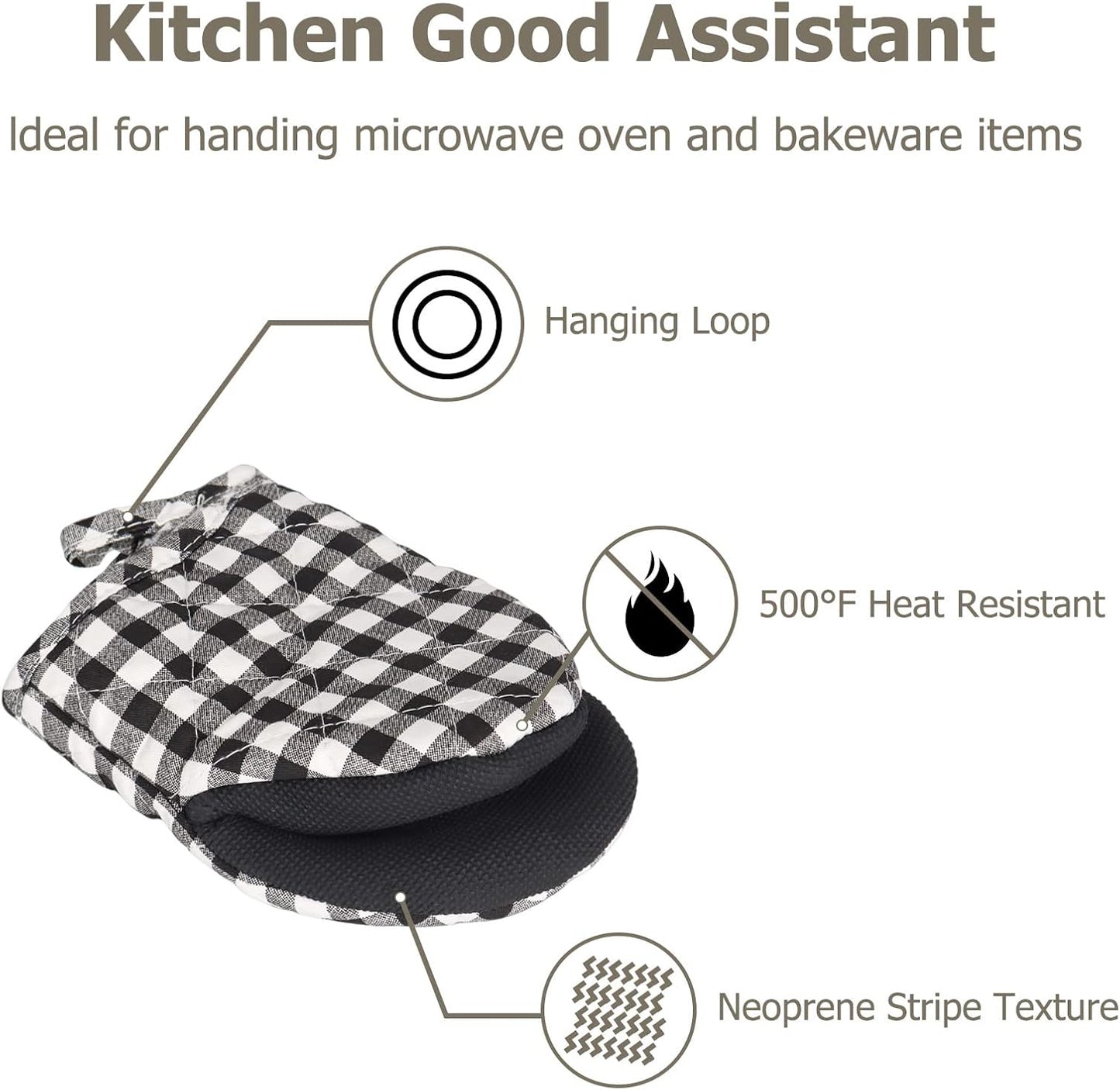 1 Pair Short Oven Mitts, Heat Resistant Silicone Kitchen Mini Oven Mitts for 500 Degrees, Non-Slip Grip Surfaces and Hanging Loop Gloves, Baking Grilling Barbecue Microwave Machine Washable