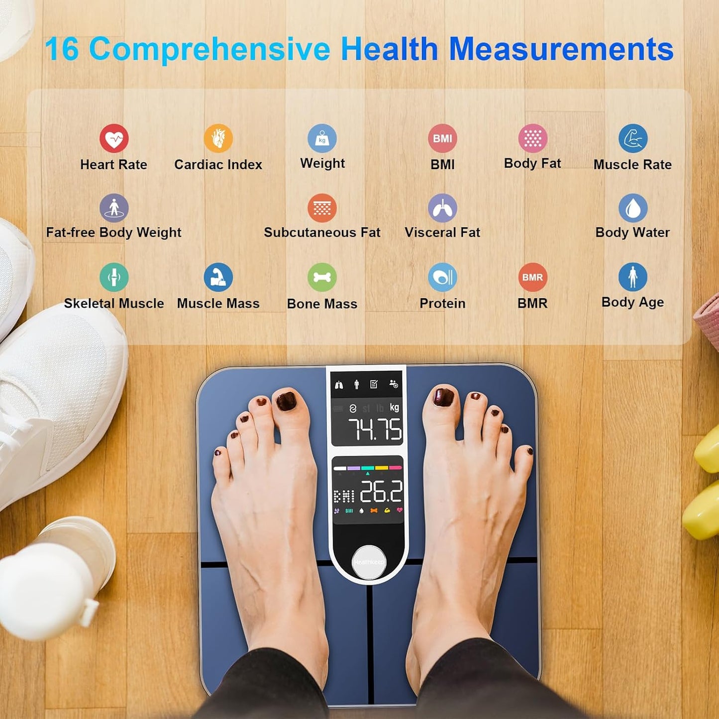 Healthkeep Body Fat Scale with Dual VA Displays and ITO Technology, 16 Body Datas with Heart Rate, Smart Weight Scale Compatible with iOS & Android, Max 400lb/180kg, Sliver